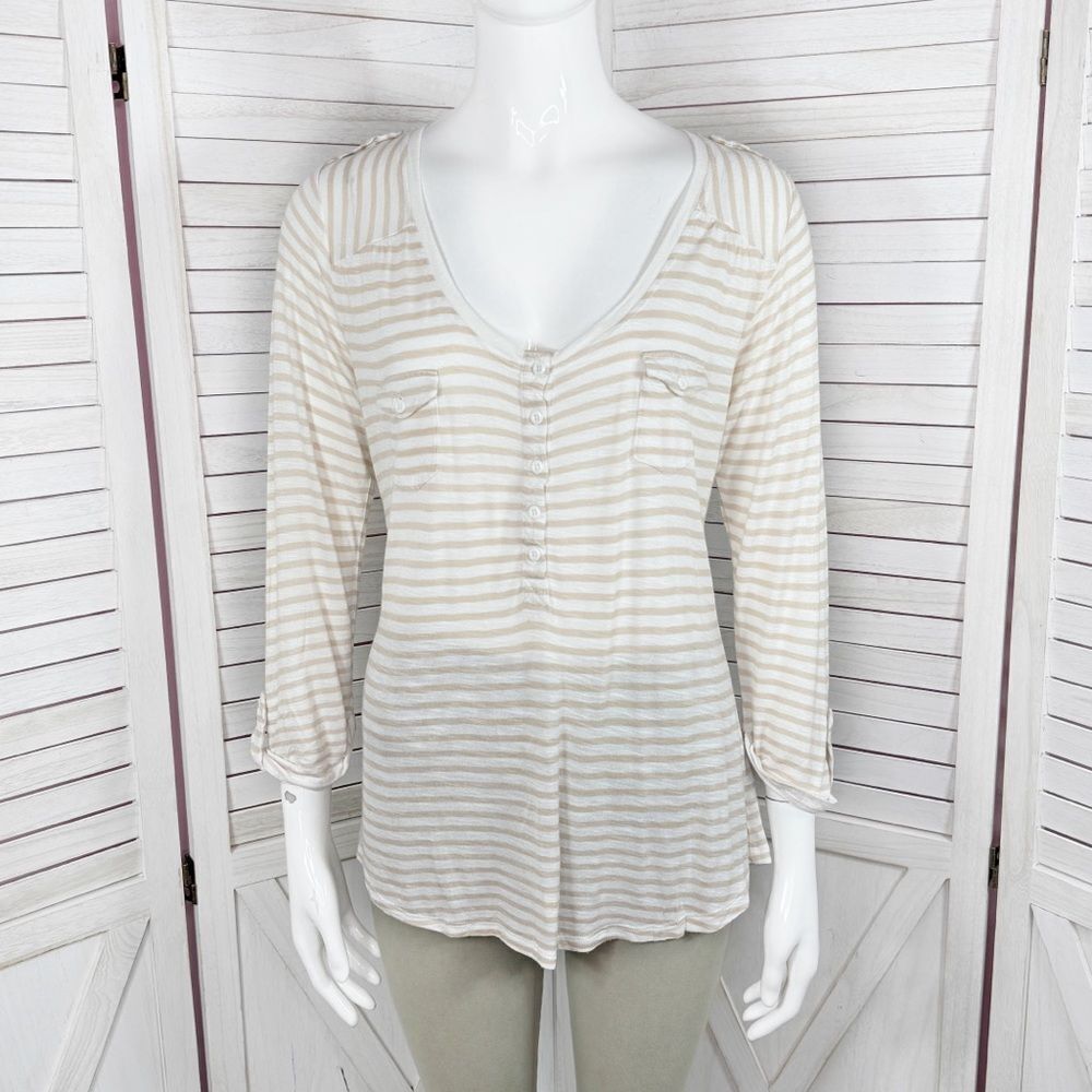 89th & Madison Striped Shirt V Neck‎ Pocket Tee Roll Sleeve Beige White Medium
